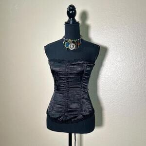 Vintage Fredericks Black Lace Trim Y2K Grunge Lace Up Corset Top